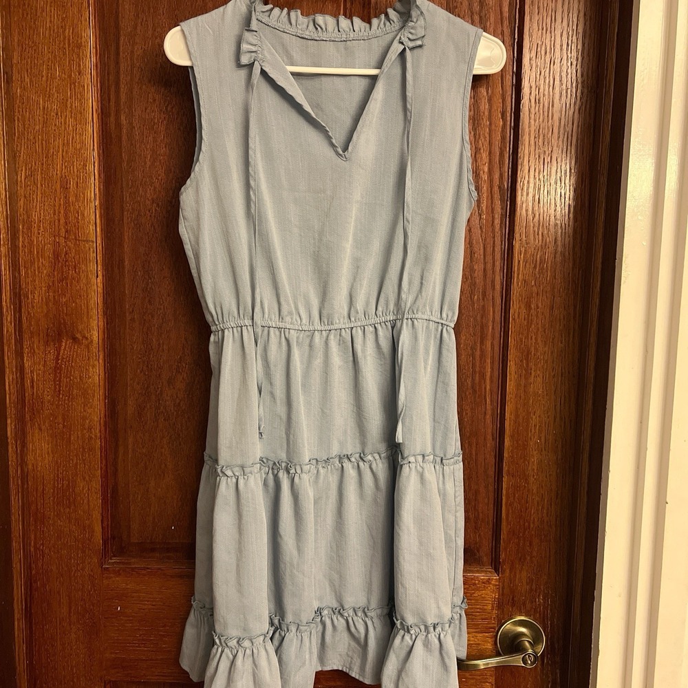 Cupshe Medium Light BlueRuffle Tie Neck Sleeveless Tiered Mini Dress Womens Boho - Picture 2 of 5